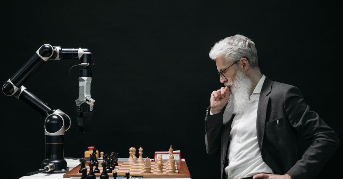 AI - Elderly Man Thinking while Looking at a Chessboard